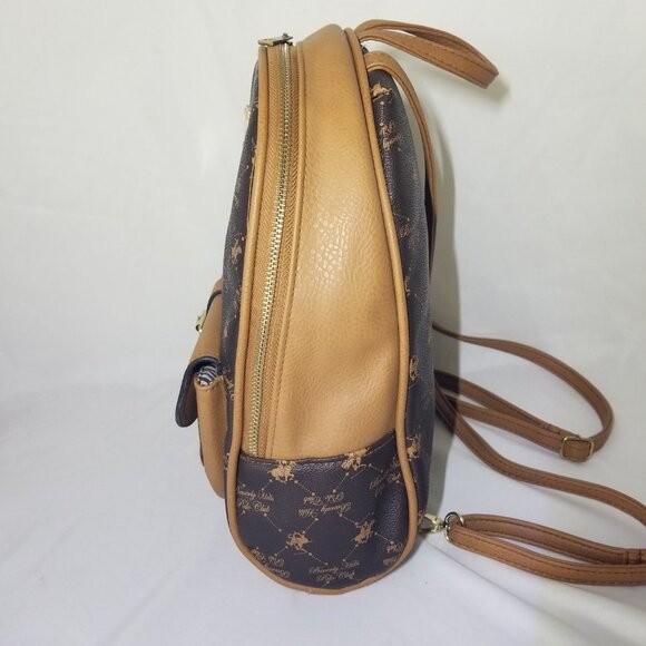 Beverly Hills Polo Club Womens Monogram Backpack Purse Brown Beige Zipper Close - Picture 6 of 16